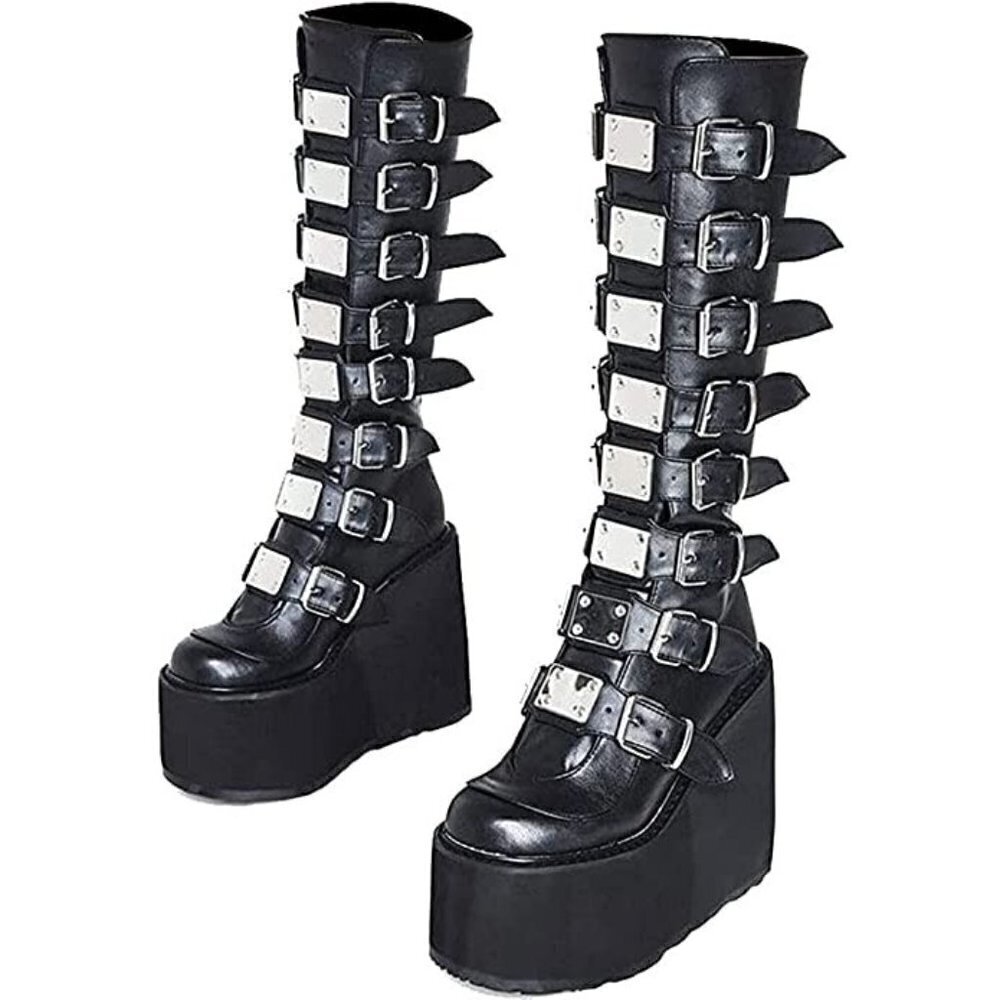 Gothic Punk Knee-High Boots Wedge Heel Platform Combat Halloween